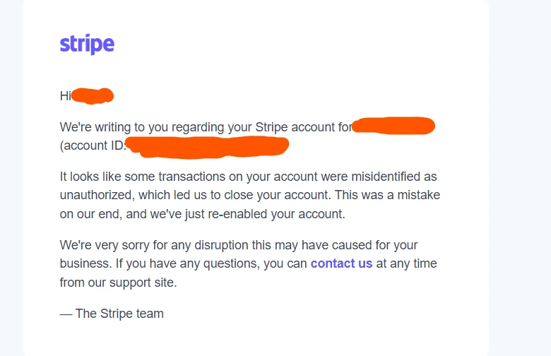 Stripe dashboard restriction notice the account has been deactivated due to potential risk factors and outstanding balances will be sent to the bank within 14 days