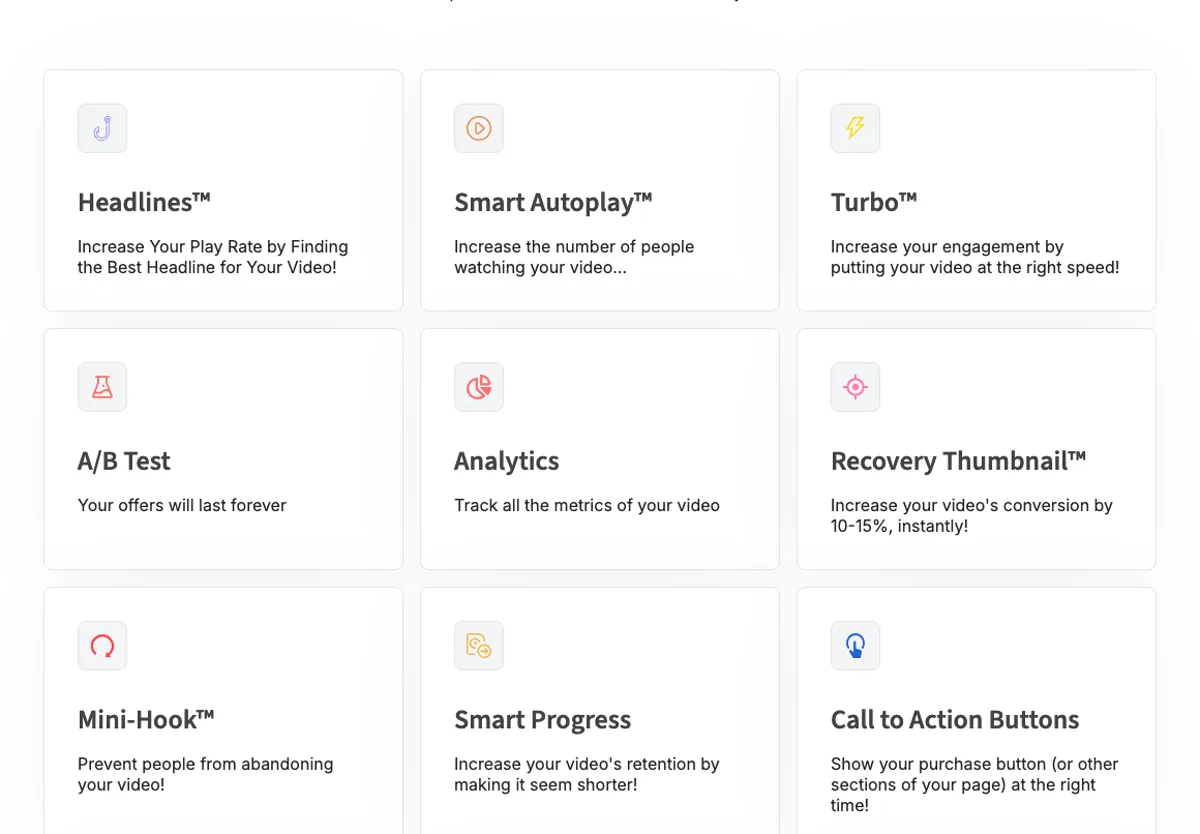 VTurb feature grid showing nine conversion tools: Headlines, Smart Autoplay, Turbo, A/B Test, Analytics, Recovery Thumbnail, Mini-Hook, Smart Progress and Call to Action Buttons.