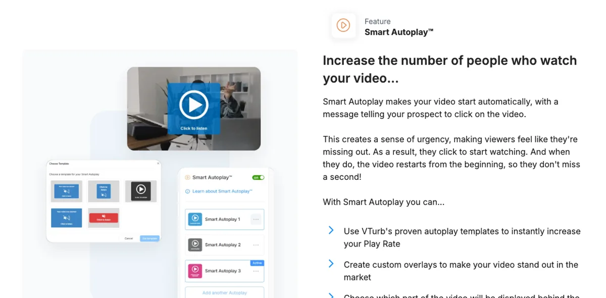 VTurb Smart Autoplay editor: overlay templates and three A/B variants labelled Smart Autoplay 1, 2 and 3 for a muted autoplay Click to listen prompt.